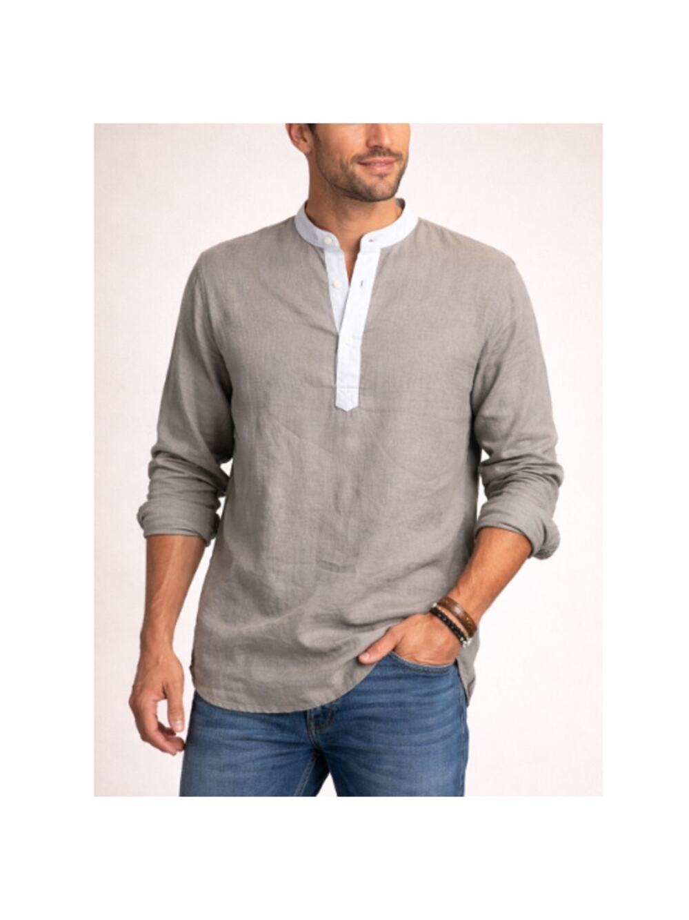 New Isle Bay Linens Men's Khaki Roll-Up Sleeve Front Henley Beach Shirt Size S